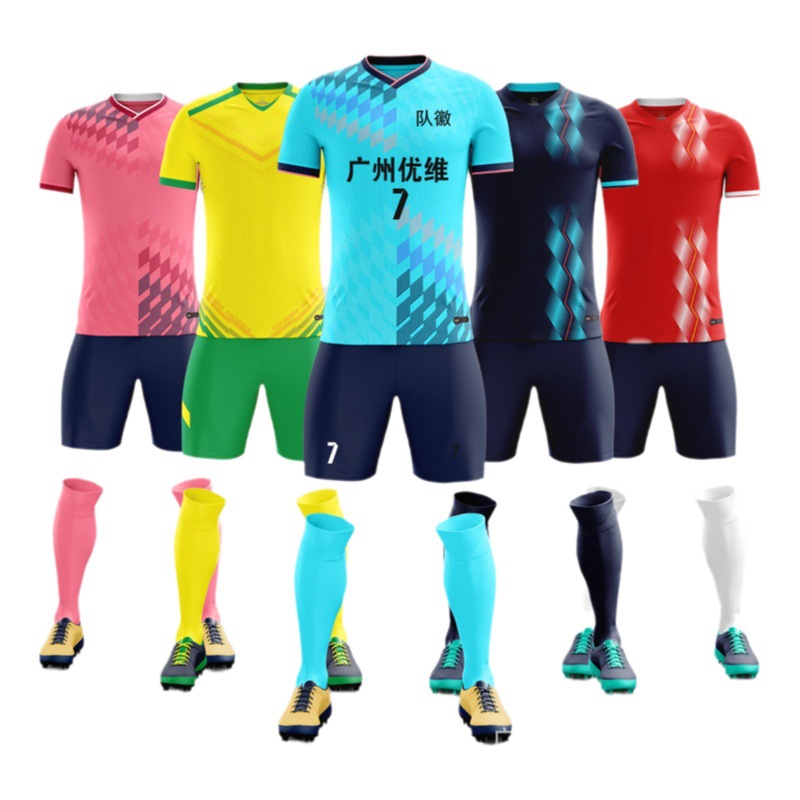 En stock nueva ropa de fútbol traje de los niños adultos de manga corta ropa de entrenamiento de la competencia estudiante deportes jersey de impresión al por mayor