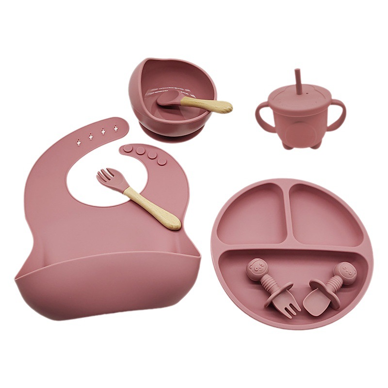 Venta caliente transfronteriza Juego de vajilla para niños Placa de comedor de silicona para bebés Tazón de alimentos para niños Juego de ocho piezas