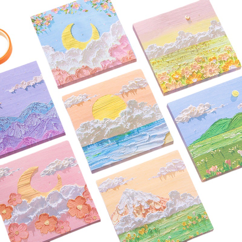 Pintura al óleo pegatinas convenientes ins estilo sal simple estilo japonés de alta apariencia pegajosa linda nota pegatinas paisaje N veces pegatinas