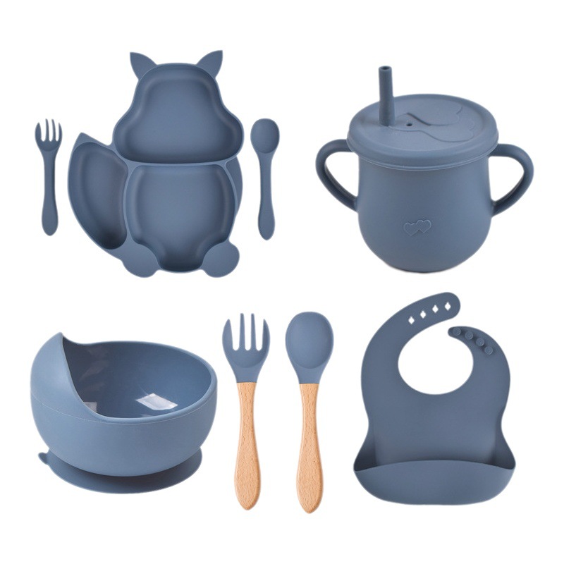 Juego de vajilla de silicona dividida en forma de ardilla para niños de 9 piezas, juego de complementos alimenticios de silicona para bebés, plato de cena de silicona para niños