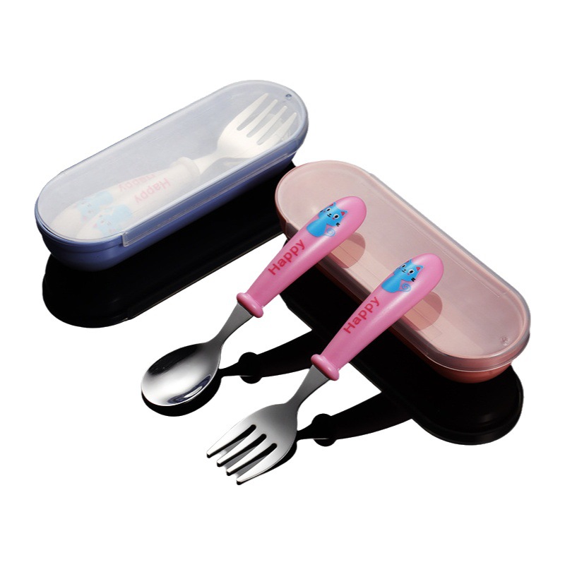 Ann 304 de acero inoxidable tenedor cuchara vajilla portátil azul gato lindo bebé patrón pequeño tamaño regalo comida occidental