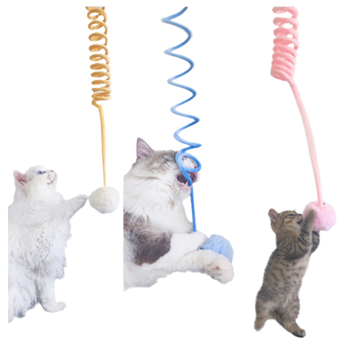 Fabricante de suministros para mascotas, venta directa, ventosa de placer automático, bola de pelo de conejo de primavera, palo divertido para gato, columpio colgante retráctil, juguete para gato