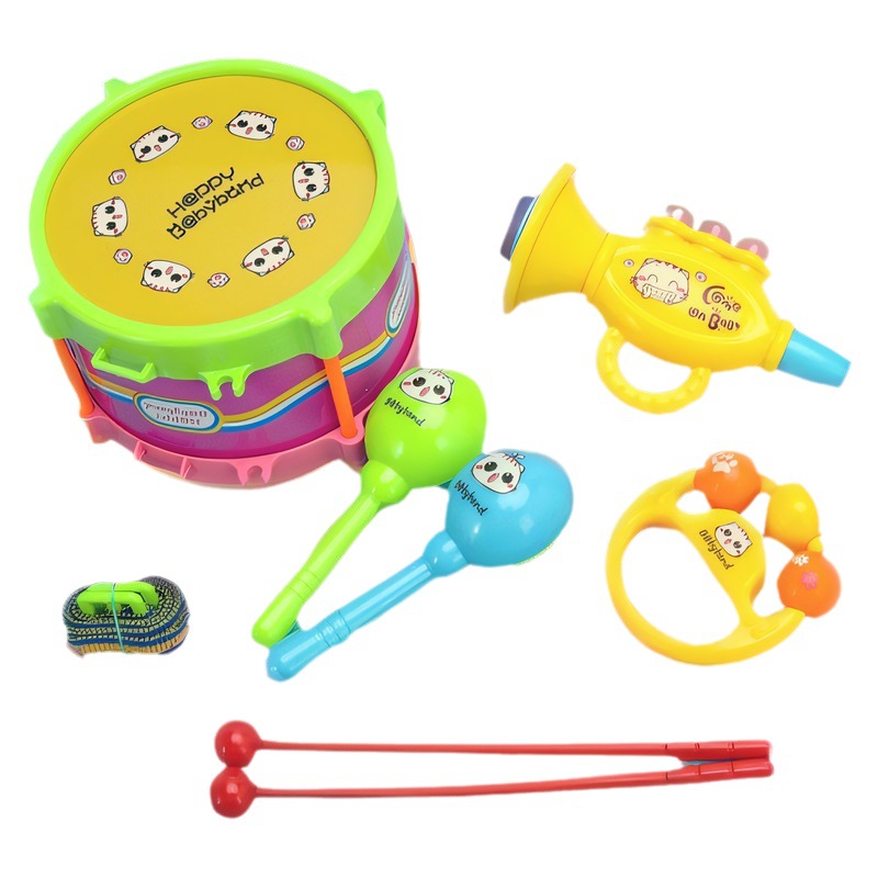 Bebé golpe de mano de doble cara juguete pequeño tambor de cintura instrumento musical para niños martillo de arena Cuerno conjunto de cinco piezas juguetes infantiles al por mayor