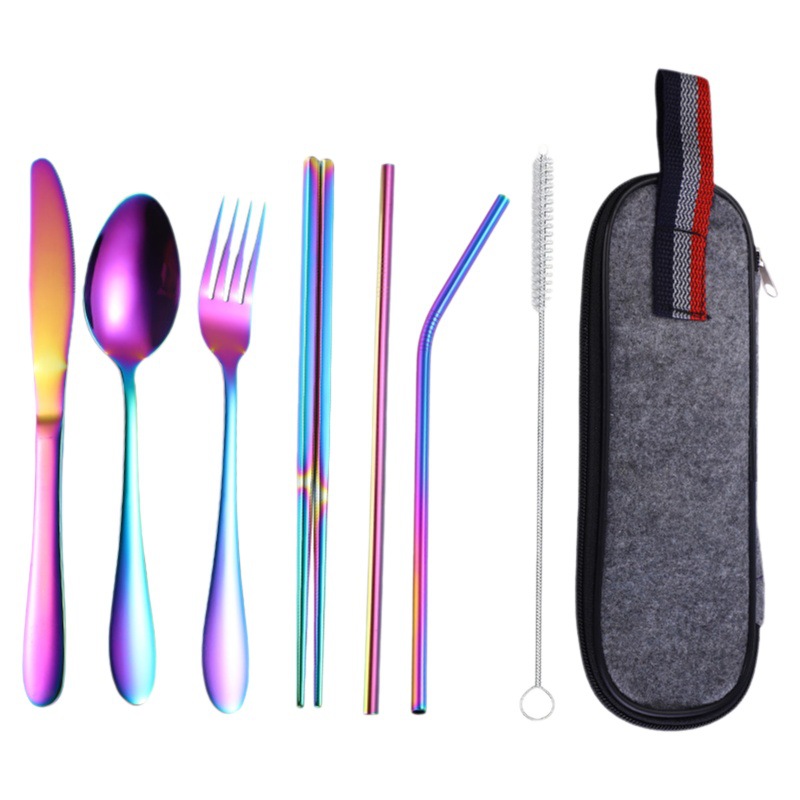 Traje de paja de acero inoxidable transfronterizo cuchillo de comida occidental al aire libre, tenedor, cuchara palillos vajilla Portátil Bolsa De fábrica al por mayor
