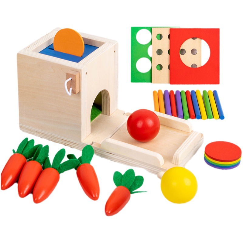 Montessori Cuatro en Uno caja de monedas multifunción palo tirando de rábano bloques de construcción para niños color a juego Caja de Inteligencia juguete