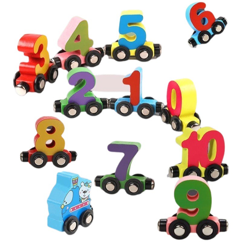 Ce cpc niños de madera números letras tráfico tren magnético 1-2-3 años bebé ensamblado coche de juguete