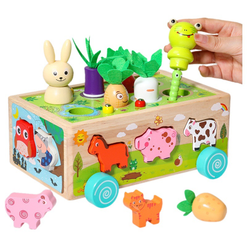 Juguete de madera animal de granja coche tirando rábano captura gusano juguete animal cognitivo forma a juego juguete educativo