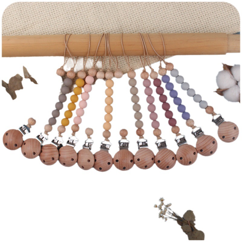 Nuevo bebé suministros de haya chupete clip calmante bebé cuentas de silicona mordedura molar juguete anti-gota cadena