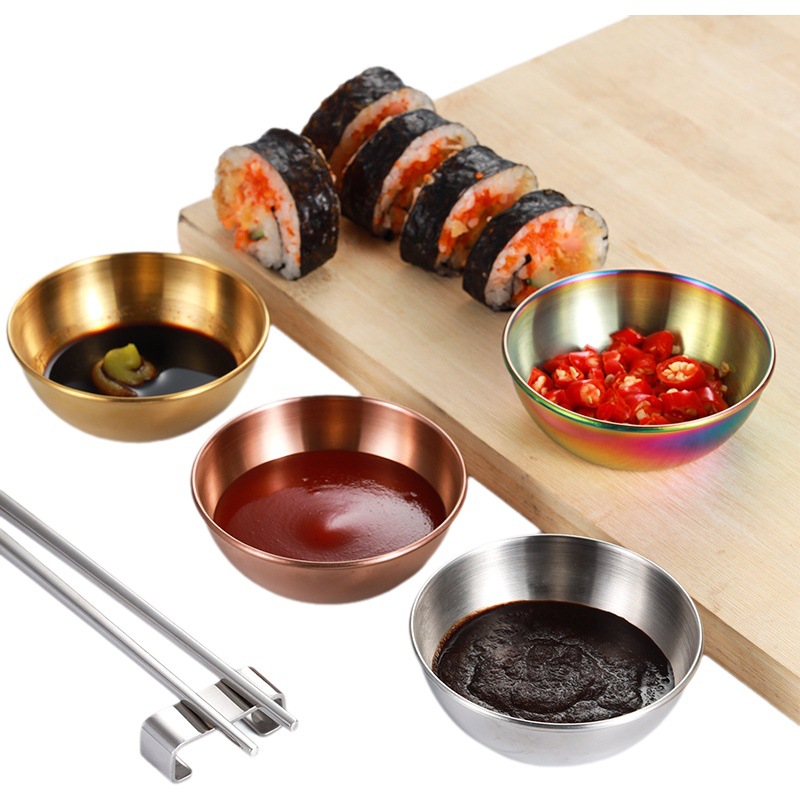 Acero inoxidable redondo pequeño plato salsa de oro condimento plato hogar restaurante cocina salsa plato salsa de estilo japonés plato