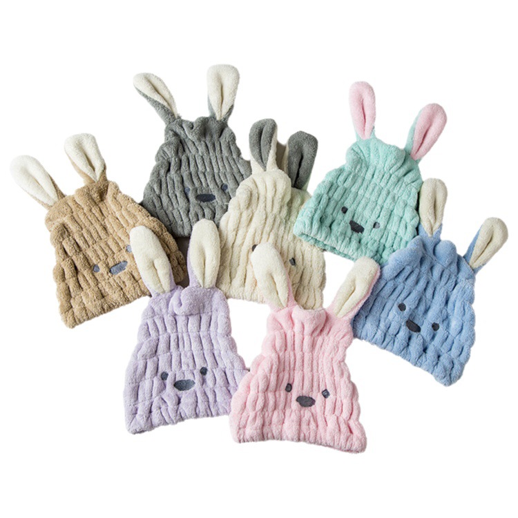 Children's Dry Hair Cap Coral Velvet Cartoon Rabbit Ears Absorbent Cap Female Adult Shower Cap Manufacturer Dry Hair Cap Kidsren's Class a