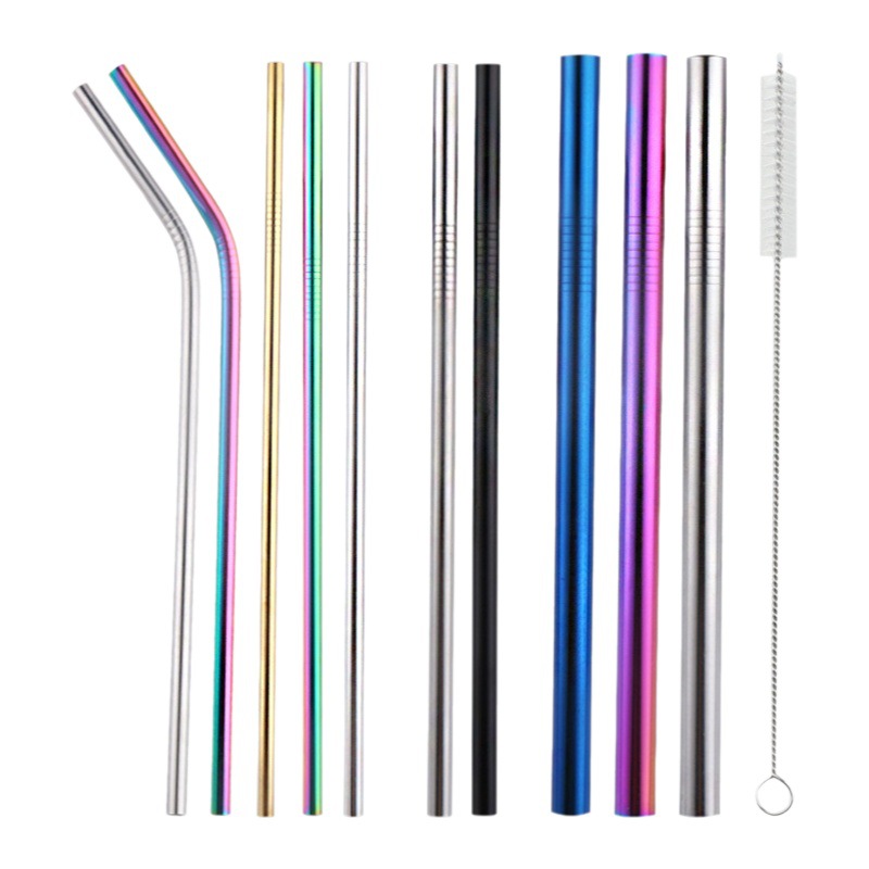 Fábrica al por mayor de acero inoxidable 304 paja color creativo bebida de metal cóctel leche té paja traje de silicona