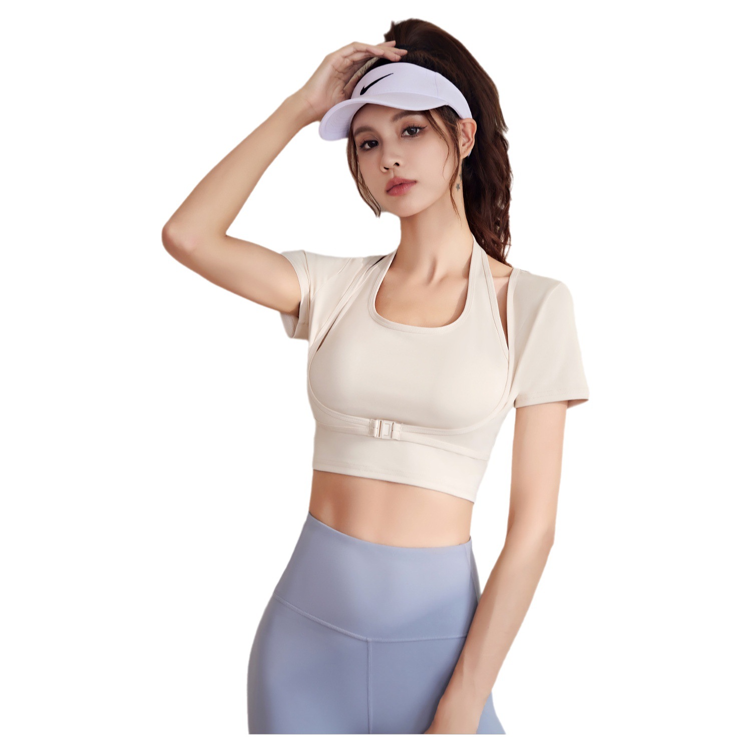 Juyitang-ropa de yoga con cuello halter, traje ajustado de manga corta para yoga y fitness para mujer, top deportivo, ropa de fitness