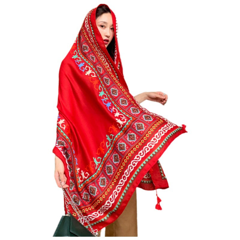 Шарф-шаль в этническом стиле двойного назначения, пляжный шарф для защиты от солнца, красный большой шарф, женская летняя фотография путешествий по пустыне