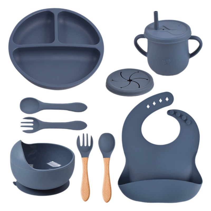 Juego de Vajilla Infantil de Silicona Set de 9 Piezas con Plato Dividido y Babero para Bebés