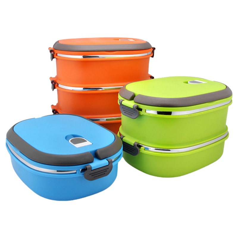 Venta al por mayor caja de almuerzo de acero inoxidable estudiantes doble aislamiento caja rectangular multi-capa almuerzo caja regalo logotipo impresión