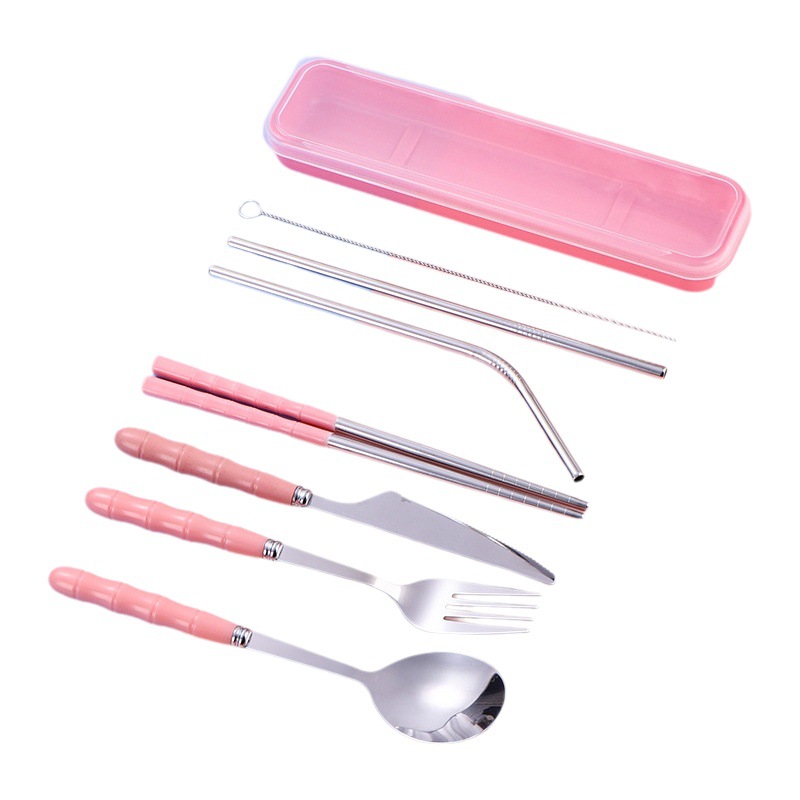Cuchara de paja de acero inoxidable palillos sin moho juego de vajilla portátil de acero inoxidable juego completo cuchillo y tenedor conjunto de tres piezas para niños