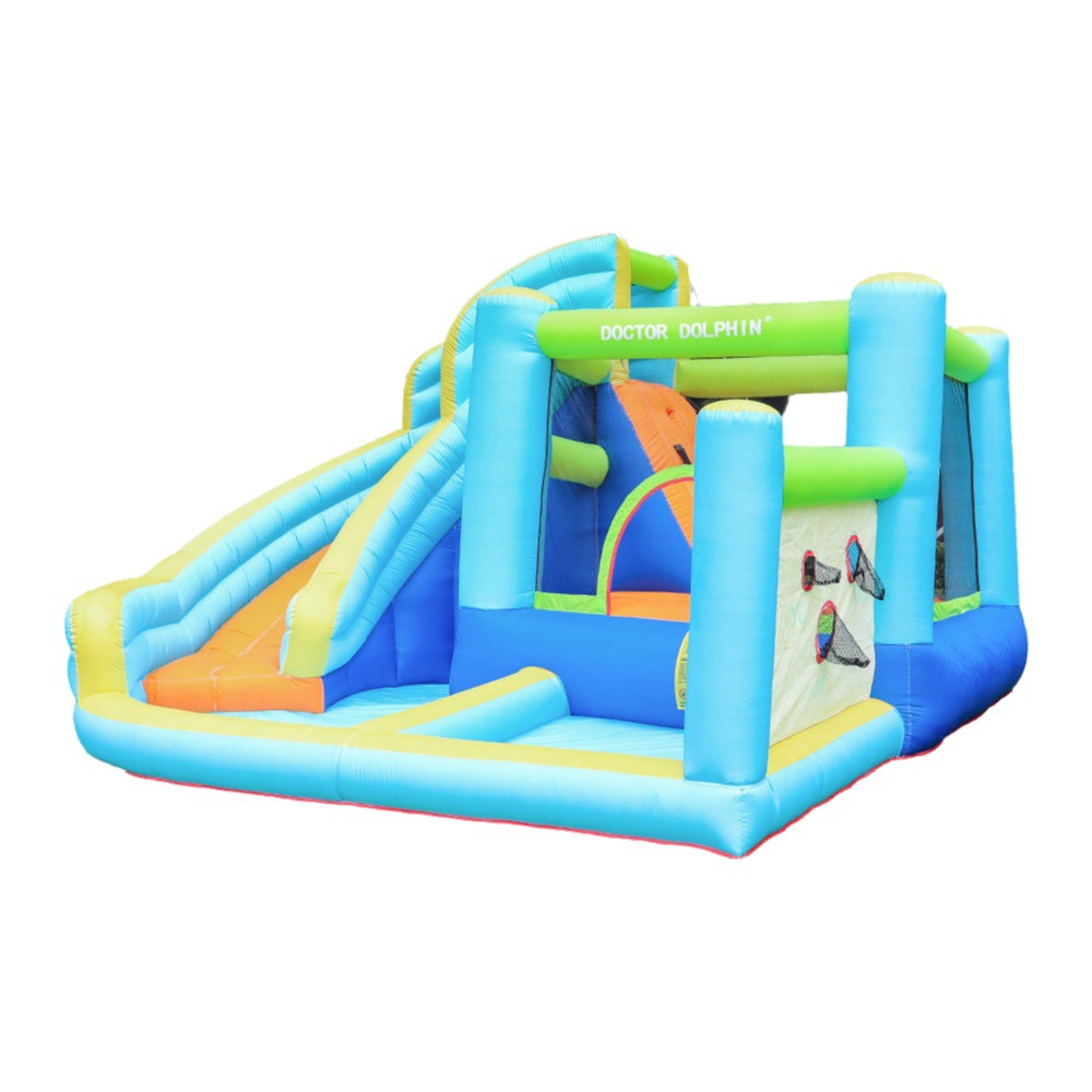Castillo inflable Doctor Dolphin con rociador de agua, piscina de olas para niños, castillo inflable para uso interior y exterior, trampolín pequeño.