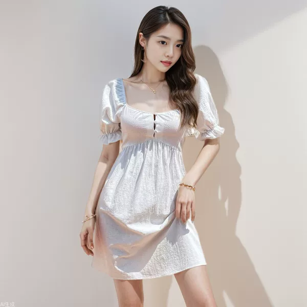 2026 European and American Women's Clothing Square Neck Puff Sleeve Waist-Cinching Short-Sleeve A-Line Dress Country-Style Dress, Ships in 3 to 6 Days