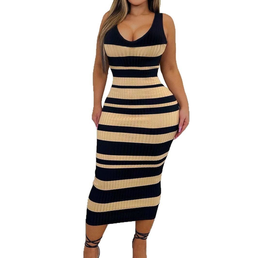 Striped Printed Sexy Sleeveless Ribbed Dress For Summer Women's Clothing_ecoleips.com