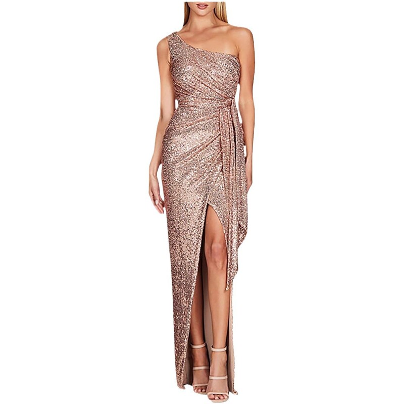 European and American Foreign Trade Women's High-end Evening Dress Sleeveless Belt Split Dress Amazon One-shoulder Sequin Dress European and American Foreign Trade Women's High-end Evening Dress Sleeveless Belt Split Dress Amazon One-shoulder Sequin Dress