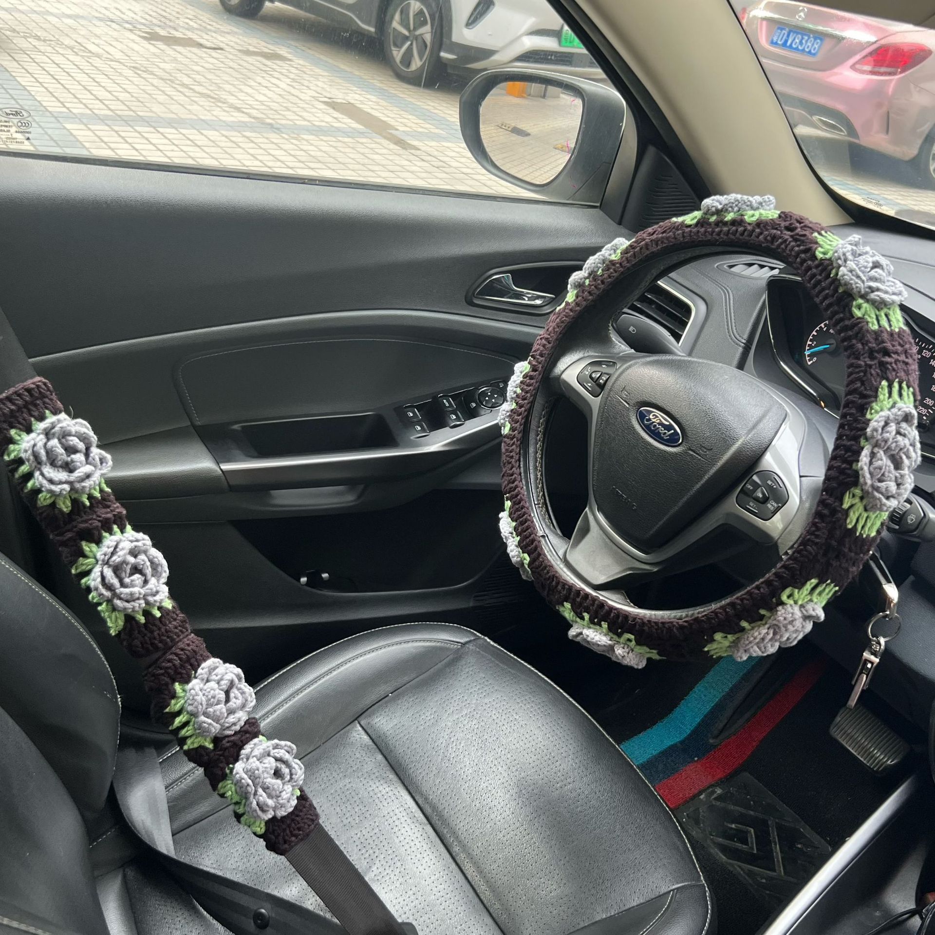 Cross-Border Car Interior Handmade Crochet Sunflower Rose Flower Decoration Steering Wheel Cover Warm Seat Belt Cover