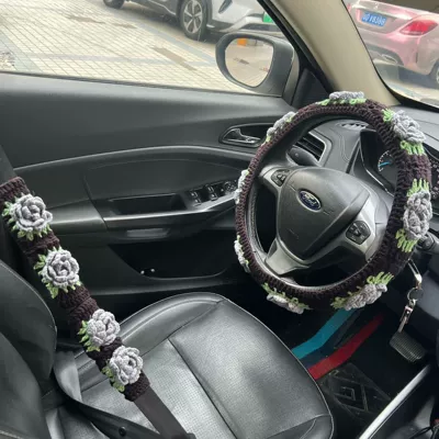 Cross-Border Car Interior Handmade Crochet Sunflower Rose Flower Decoration Steering Wheel Cover Warm Seat Belt Cover (Steering wheel cover) - three-piece-set-of-three-dimensional-rose-steering-wheel-36-40cm