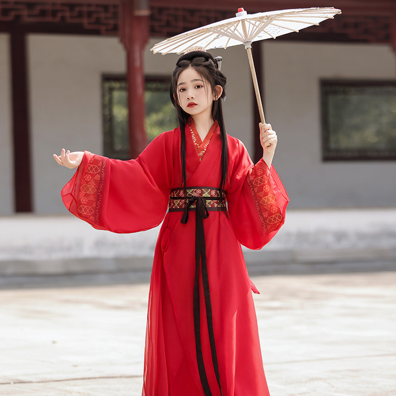 Red Warring States Robe Girls' Hanfu Straight-fringing Traditional Collar Restoration Ancient Suit Children's Chinese-style Big Sleeve Shirt Red Warring States Robe Girls' Hanfu Straight-fringing Traditional Collar Restoration Ancient Suit Children's Chinese-style Big Sleeve Shirt