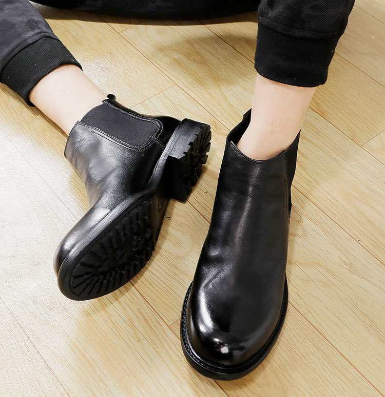 Men's thick soled cowhide leather shoes high-top slip-on ankle boots round head leather breathable_voghion.com
