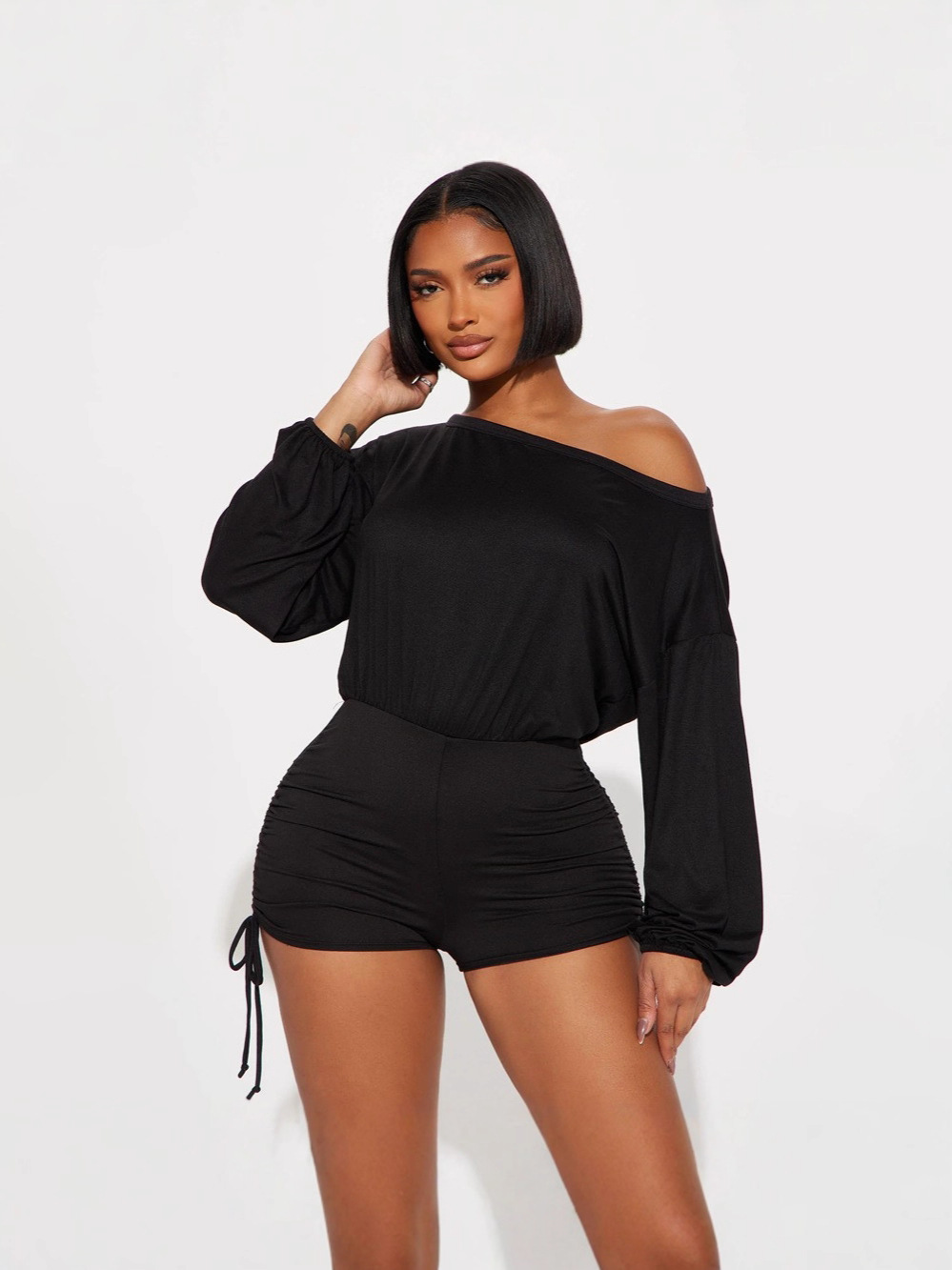 Amazon Europa y América de moda transfronteriza ropa de mujer casual una palabra cuello abierto hombro manga larga pliegue de cuerda de tracción cintura junkie image 5
