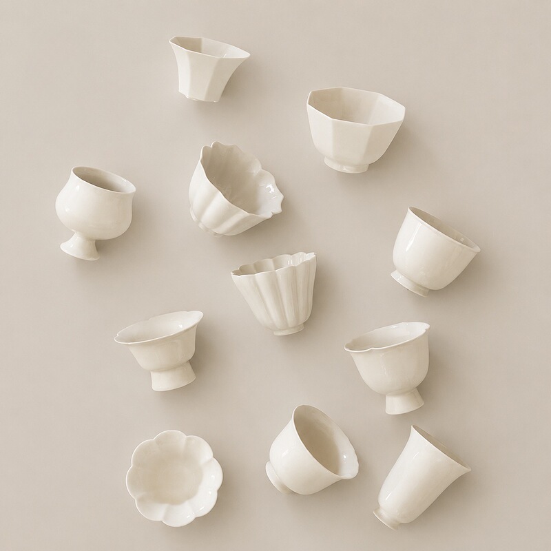 Ceramic Tea Cup for Home Use, Single Cup for Tea Tasting, Flower-Shaped Rim, High-Footed Aroma Cup, Small Tea Set