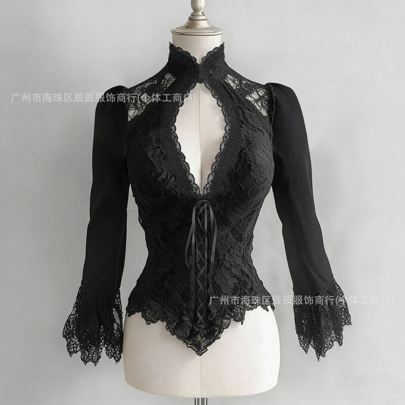 Women's Spring/Summer Elegant Gothic Style Slim-Fit Design Top with Lace Trim and Transparent Bell Sleeves