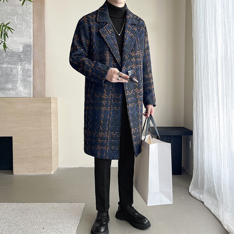 누빔안감 모직 코트 중장 가을과 겨울 새로운 느슨한 패션 샤넬 스타일 격자 무늬 코트 남자 코트