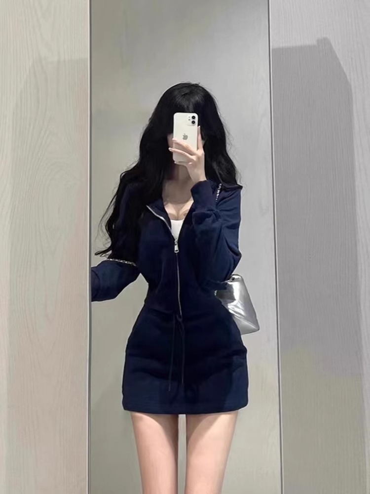 Qadın üçün qısa kapüşonlu zip sviter jaket, tünd mavi
