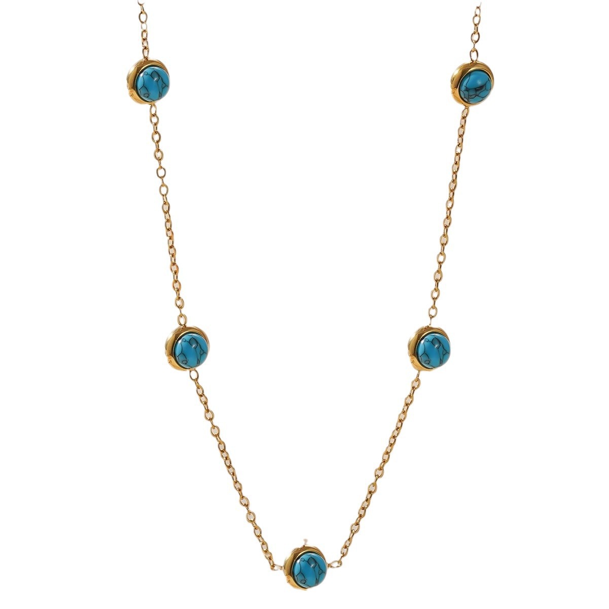 Pequeño fresco simple versátil acero de titanio azul cadena de clavícula de piedra turquesa no se desvanece auriculares redondas de oro conjunto de joyas de mano