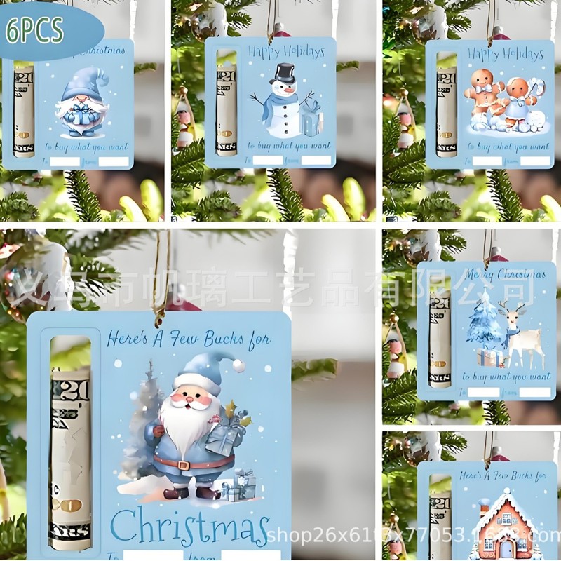 ブルークリスマスツリーマネークリップオーナメント6個、サンタクロース付き木製スタイルホリデーハンギングツリーデコレーション|undefined