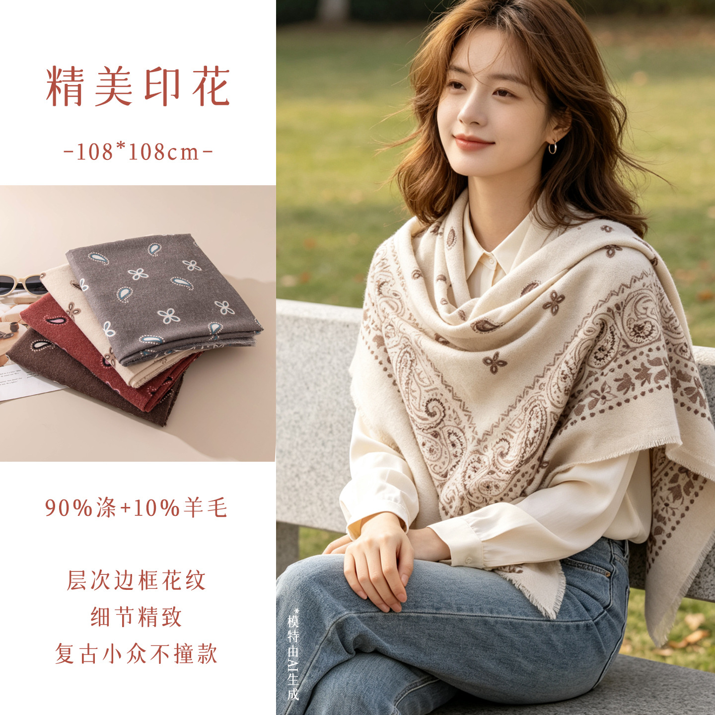 New autumn and winter scarf made of wool blend, fashionable paisley print large square scarf, vintage ethnic style shawl, windproof and warm