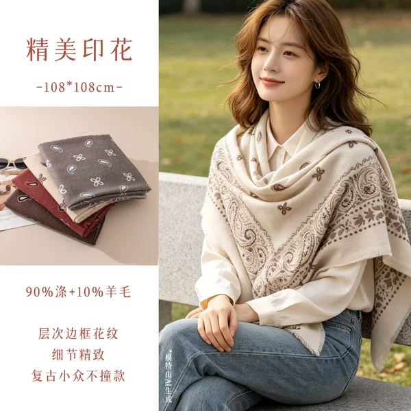 New autumn and winter scarf made of wool blend, fashionable paisley print large square scarf, vintage ethnic style shawl, windproof and warm