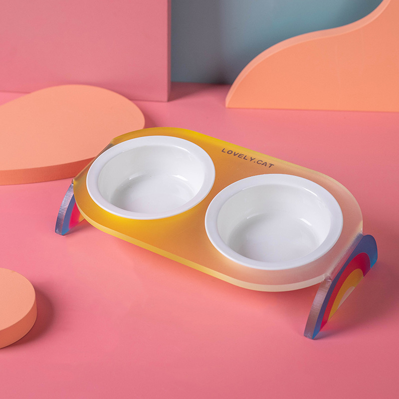 Arco iris acrílico marco de cerámica tazón doble tazón único tazón para mascotas perros y gatos tazón de alimentos tazón de agua de alimentación de agua en el hogar