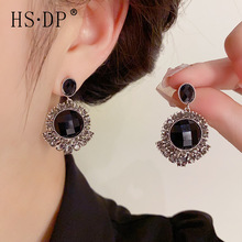 精致网红复古时尚黑色水晶耳坠s925银针高级感气质小众设计感耳环