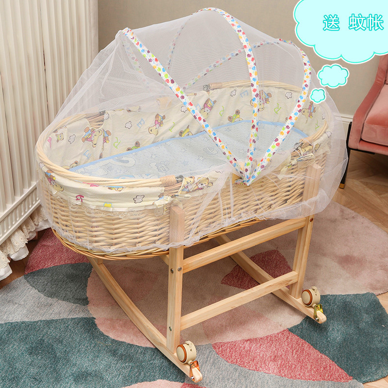 Crib Bed Rattan Newborn Baby Basket Portable Basket Children's Bed Solid Wood Car Portable Blue Wheel Mosquito Net Mat