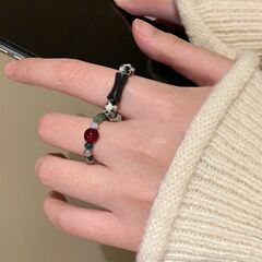 硃砂痣~新中式墨竹串珠戒指女小眾設計感食指戒彈力繩指環新款潮