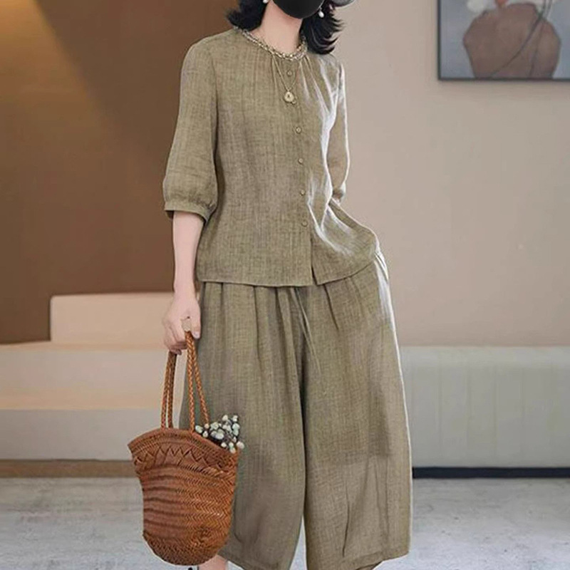 Cotton and Linen Shirt, Short-Sleeved Cardigan Top, Wide-Leg Casual Pants, Spring and Summer New Style, Versatile Fashion Suit, Two-Piece Set for Women Cotton and Linen Shirt, Short-Sleeved Cardigan Top, Wide-Leg Casual Pants, Spring and Summer New Style, Versatile Fashion Suit, Two-Piece Set for Women