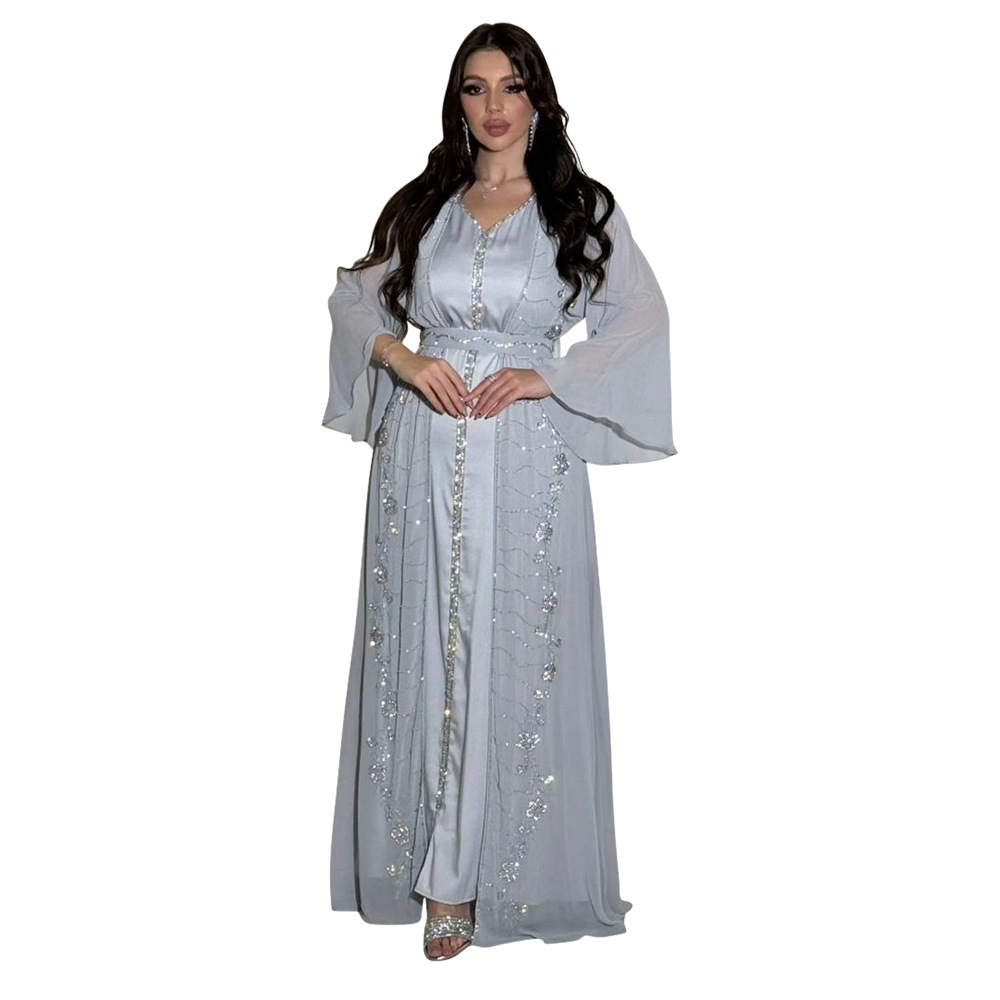 XQY500261 Four-Season Commuting Vest + Jacket Dress Chiffon Rhinestone Muslim Suit Robe_ecoleips.com
