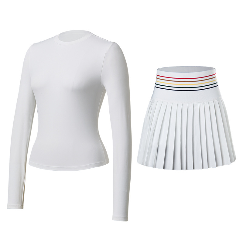 Trajes deportivos, trajes de yoga cortos, mangas largas, falda de tenis elástica, secado rápido, delgado, abdomen cerrado, conjunto de camisas de ejercicio.