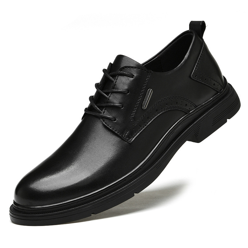 New Style First-Layer Cowhide Formal Leather Shoes, Business Casual Men's British Style Korean Style Pointed-Toe Embossed Men's Shoes, Trendy Black