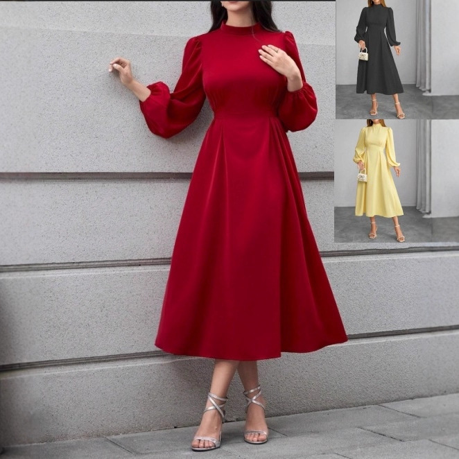 Casual A-Line High-Waisted Women's Elegant Solid Color Tie-Neck Early Autumn In-Stock Long-Sleeve Dress