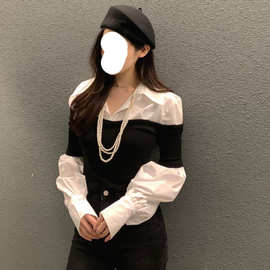 现货  假两件长袖Polo领衬衫女设计感上衣