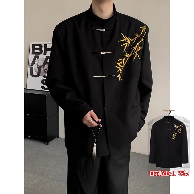 新中式国风金竹刺绣飞机扣中山装高级感西装外套男订婚礼西服套装|undefined