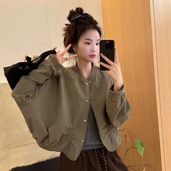 欧洲站设计感立领单排扣褶皱短款外套女2025秋季新款显瘦夹克上衣