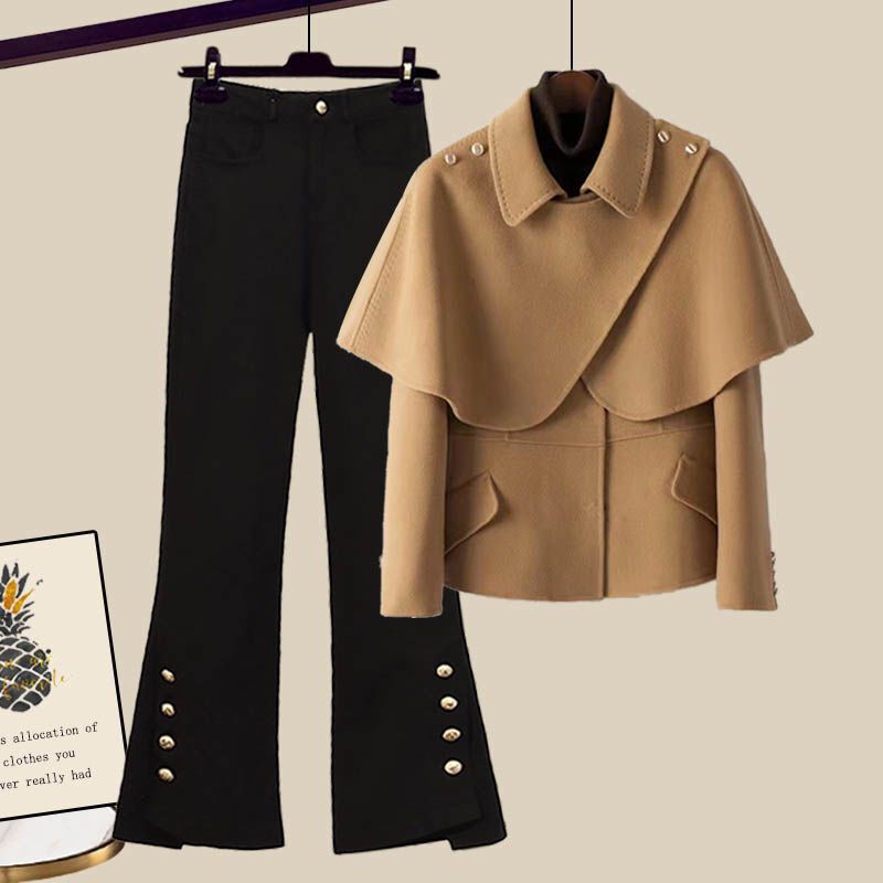 Autumn and Winter New Korean Style Retro Design Splicing Blazer and Bootcut Jeans Fashion Two-Piece Set